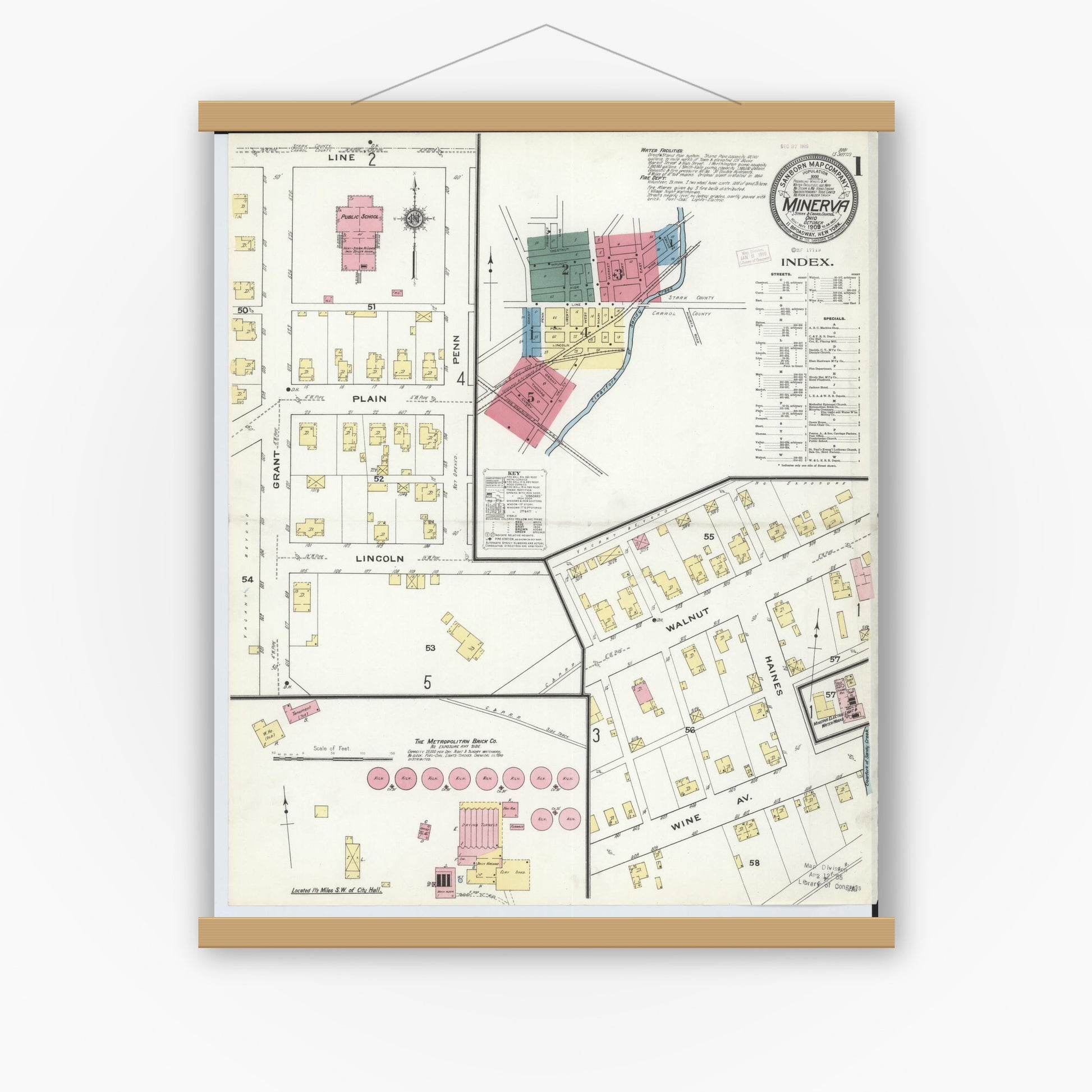 Old map wall art mockup — magnetic wood frame on white wall — Sanborn Fire Insurance Map from Minerva, Stark And Carroll Counties, Ohio (1909), Sheet #0001