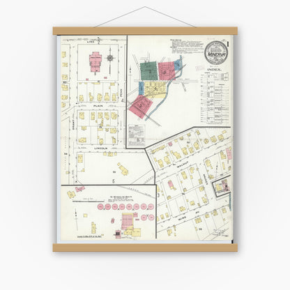 Old map wall art mockup — magnetic wood frame on white wall — Sanborn Fire Insurance Map from Minerva, Stark And Carroll Counties, Ohio (1909), Sheet #0001