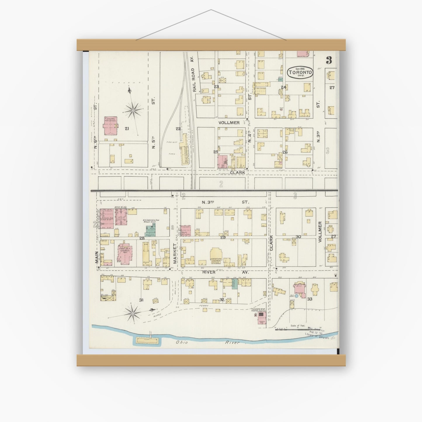 Old map wall art mockup — magnetic wood frame on white wall — Sanborn Fire Insurance Map from Toronto, Jefferson County, Ohio (1892), Sheet #0003