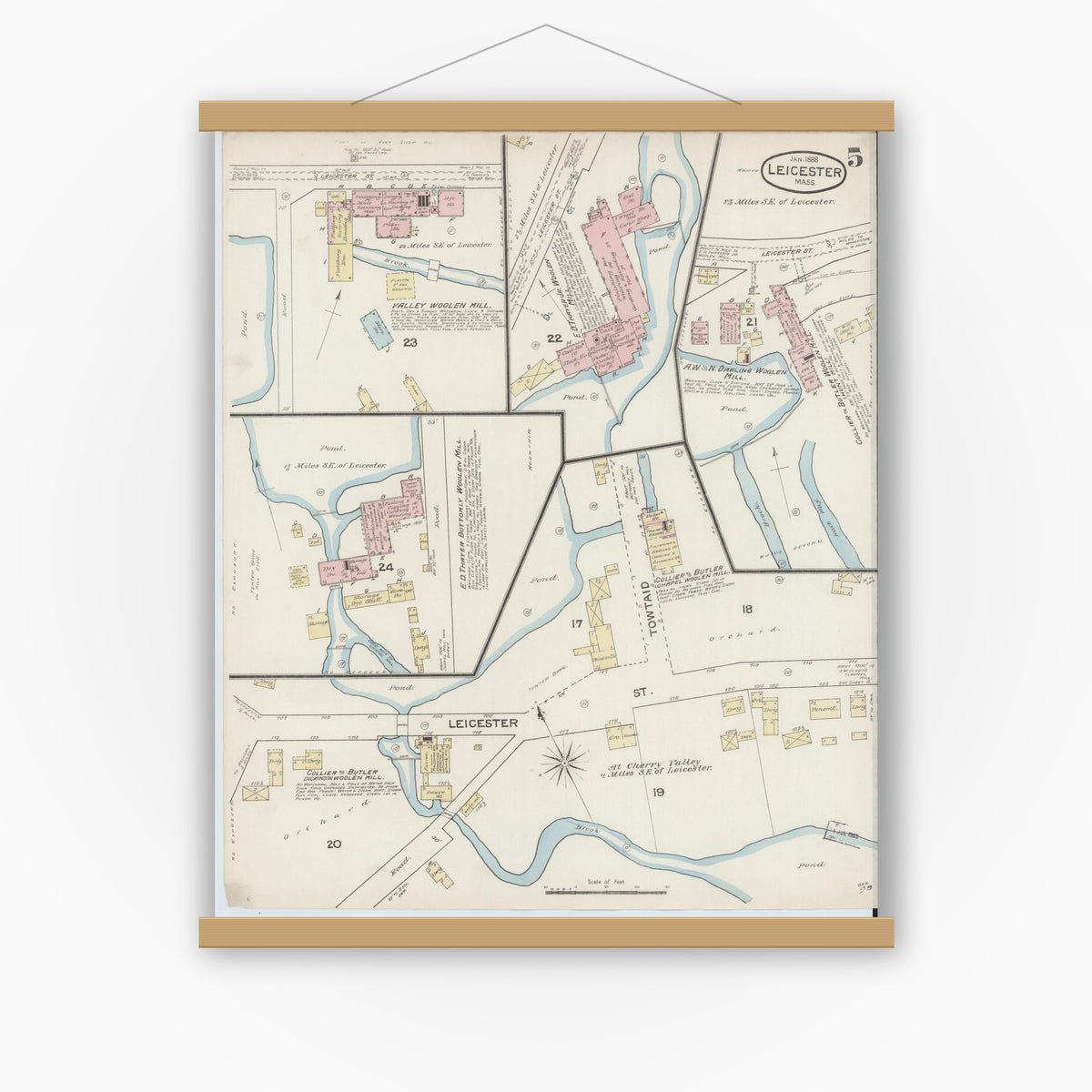 Old map wall art mockup — magnetic wood frame on white wall — Sanborn Fire Insurance Map from Leicester, Worcester County, Massachusetts (1888), Sheet #0005