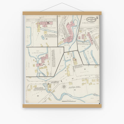 Old map wall art mockup — magnetic wood frame on white wall — Sanborn Fire Insurance Map from Leicester, Worcester County, Massachusetts (1888), Sheet #0005