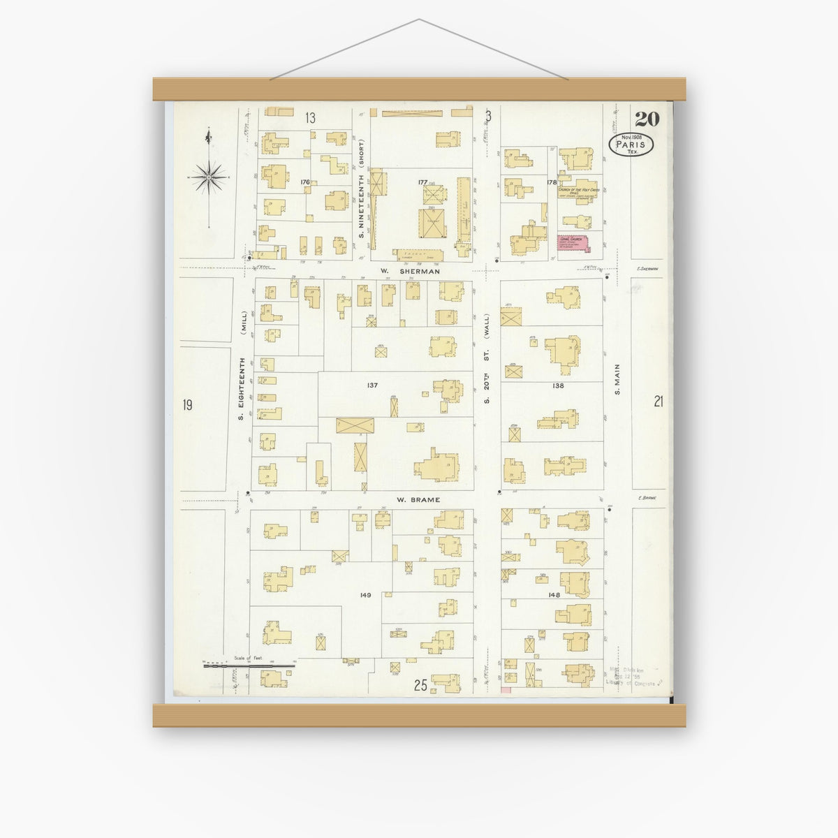 Old map wall art mockup — magnetic wood frame on white wall — Sanborn Fire Insurance Map from Paris, Lamar County, Texas (1908), Sheet #0020