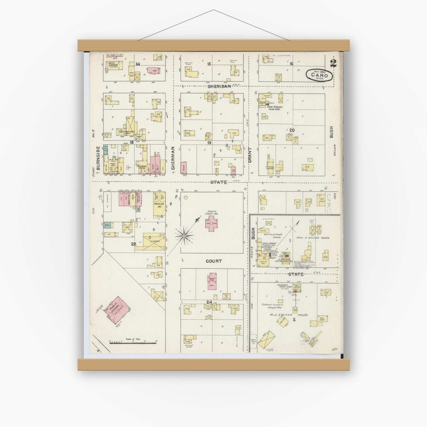 Old map wall art mockup — magnetic wood frame on white wall — Sanborn Fire Insurance Map from Caro, Tuscola County, Michigan (1890), Sheet #0002