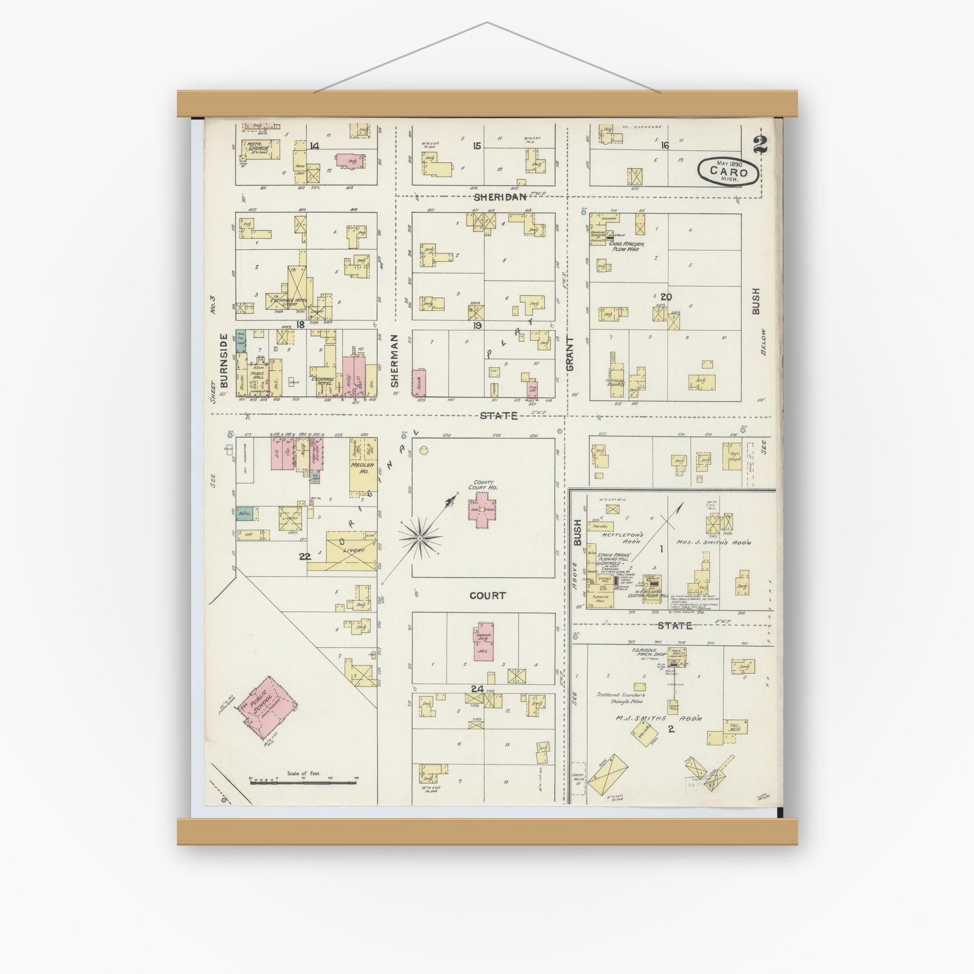 Old map wall art mockup — magnetic wood frame on white wall — Sanborn Fire Insurance Map from Caro, Tuscola County, Michigan (1890), Sheet #0002
