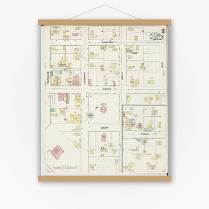 Old map wall art mockup — magnetic wood frame on white wall — Sanborn Fire Insurance Map from Caro, Tuscola County, Michigan (1890), Sheet #0002