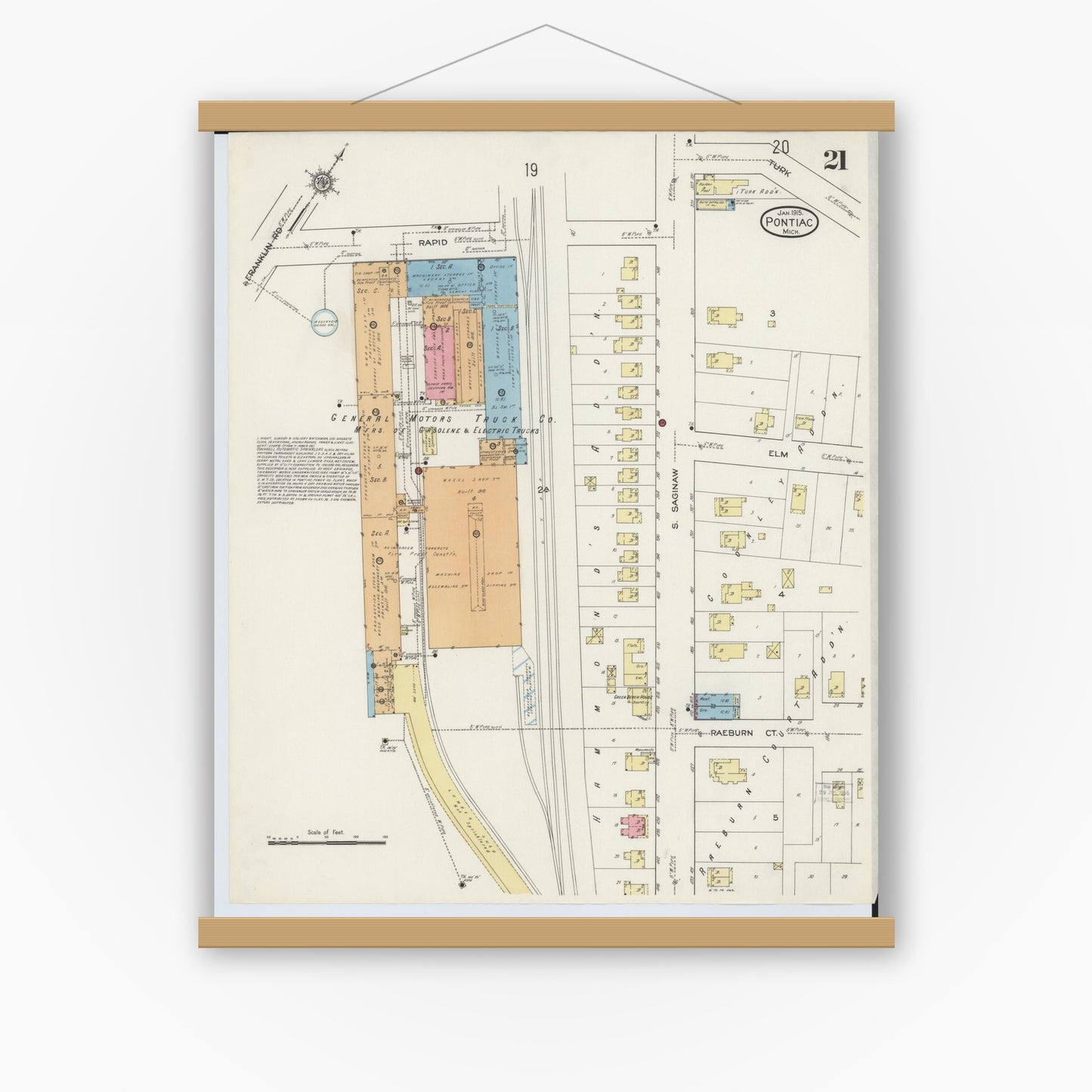 Old map wall art mockup — magnetic wood frame on white wall — Sanborn Fire Insurance Map from Pontiac, Oakland County, Michigan (1915), Sheet #0021