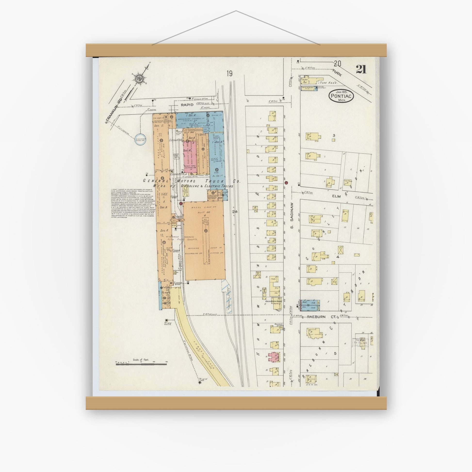 Old map wall art mockup — magnetic wood frame on white wall — Sanborn Fire Insurance Map from Pontiac, Oakland County, Michigan (1915), Sheet #0021