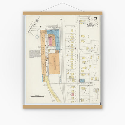 Old map wall art mockup — magnetic wood frame on white wall — Sanborn Fire Insurance Map from Pontiac, Oakland County, Michigan (1915), Sheet #0021