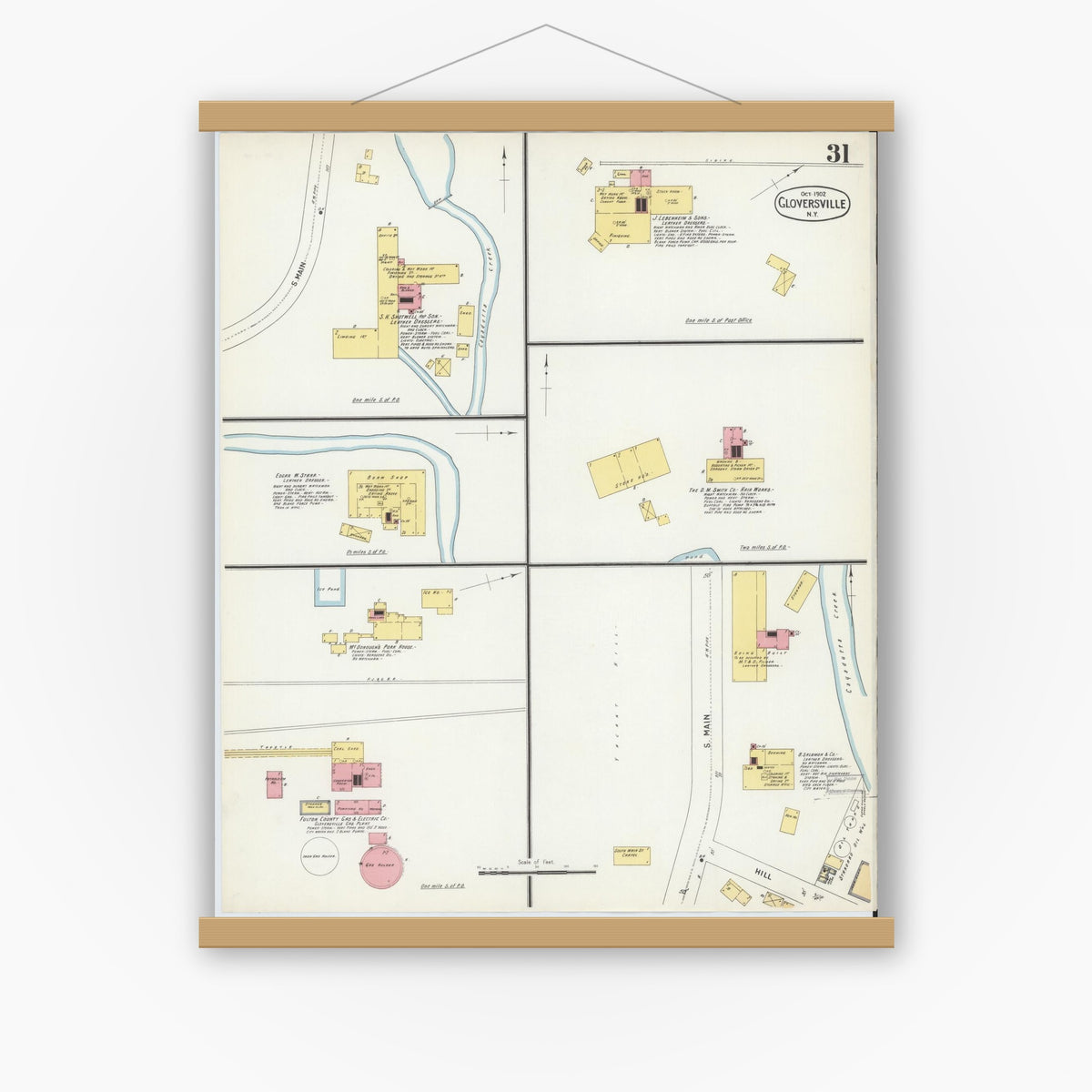 Old map wall art mockup — magnetic wood frame on white wall — Sanborn Fire Insurance Map from Gloversville, Fulton County, New York (1902), Sheet #0031