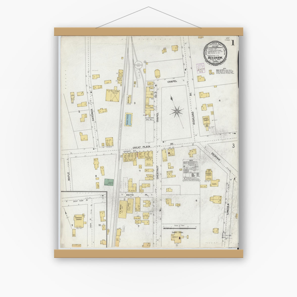 Old map wall art mockup — magnetic wood frame on white wall — Sanborn Fire Insurance Map from Needham, Norfolk County, Massachusetts (1901), Sheet #0001