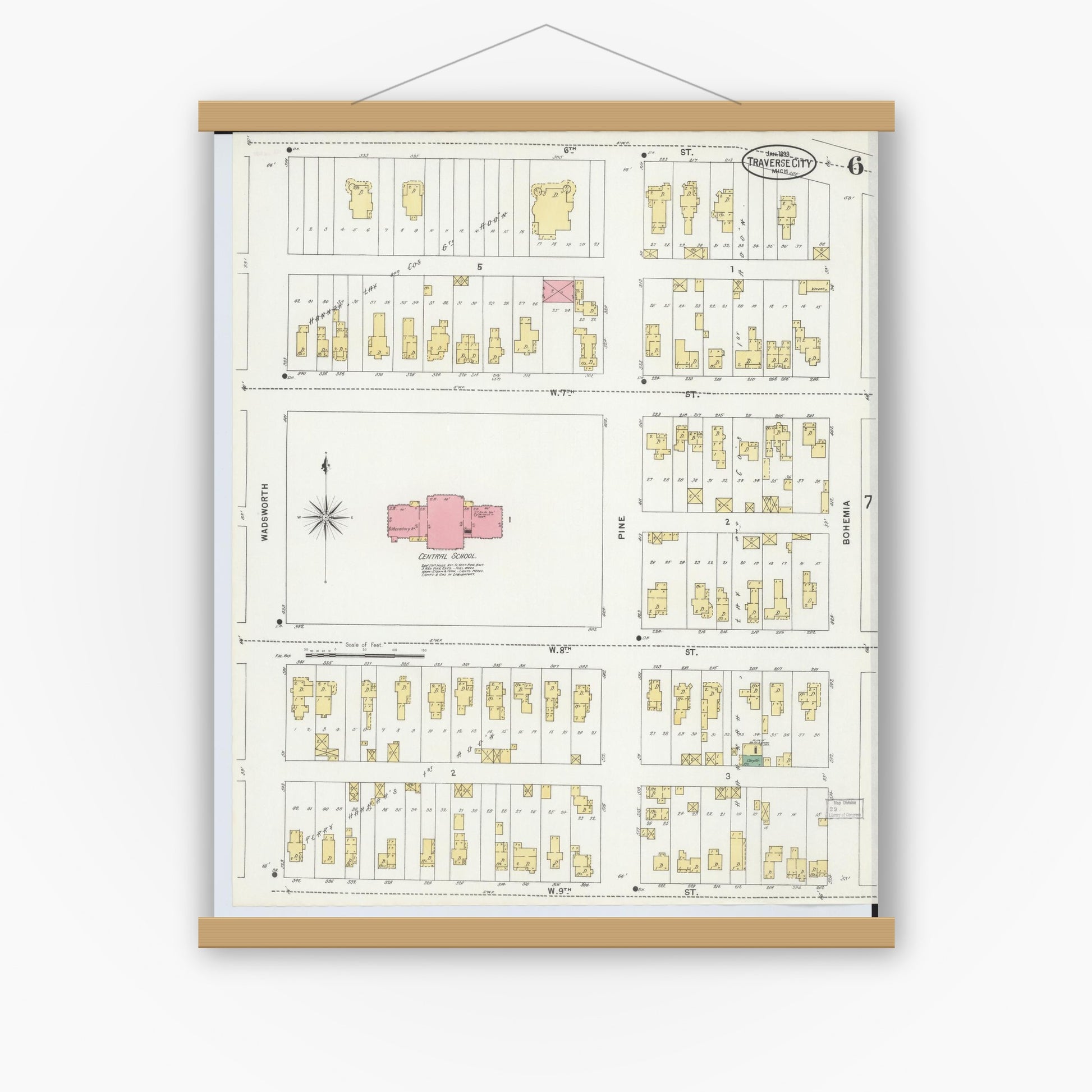 Old map wall art mockup — magnetic wood frame on white wall — Sanborn Fire Insurance Map from Traverse City, Grand Traverse County, Michigan (1899), Sheet #0006