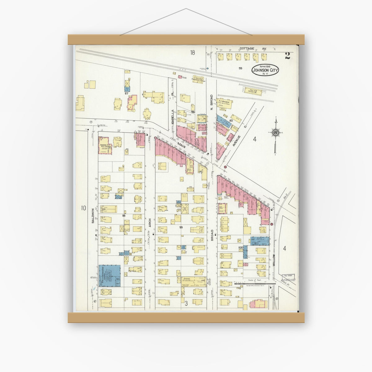 Old map wall art mockup — magnetic wood frame on white wall — Sanborn Fire Insurance Map from Johnson City, Broome County, New York (1918), Sheet #0002
