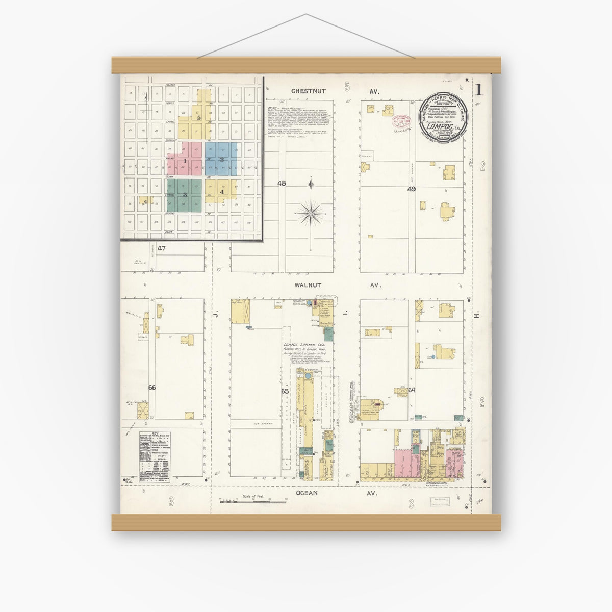 Old map wall art mockup — magnetic wood frame on white wall — Sanborn Fire Insurance Map from Lompoc, Santa Barbara County, California (1895) - Complete Map Set