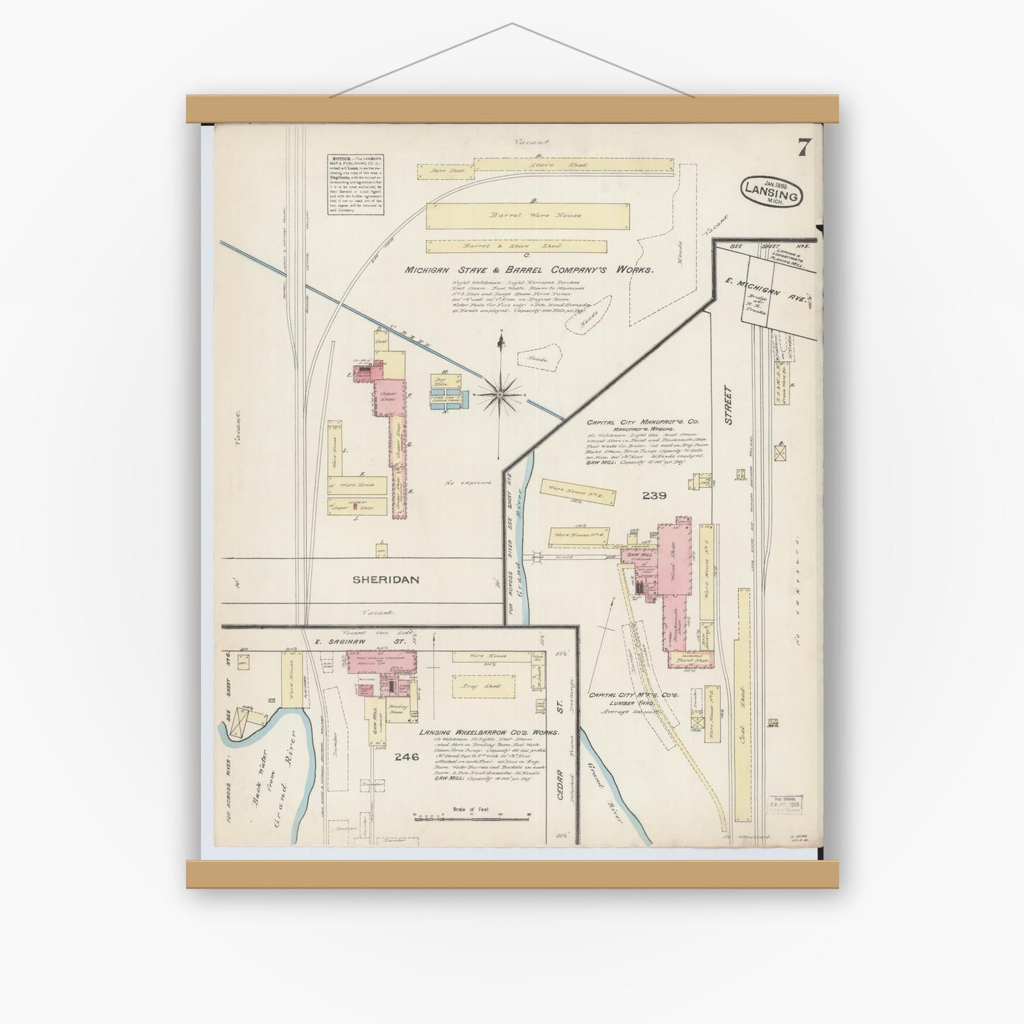 Old map wall art mockup — magnetic wood frame on white wall — Sanborn Fire Insurance Map from Lansing, Ingham County, Michigan (1885), Sheet #0007