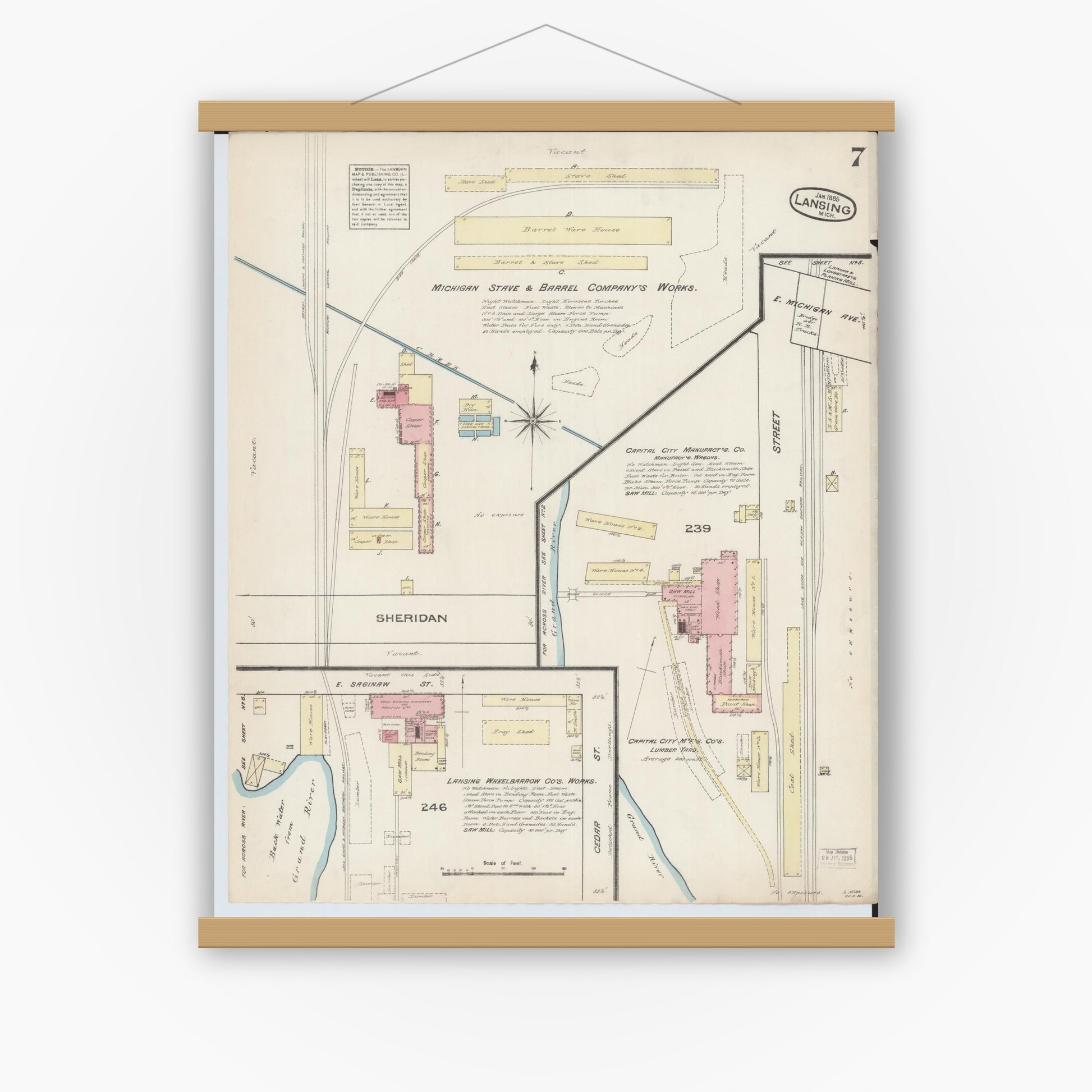 Old map wall art mockup — magnetic wood frame on white wall — Sanborn Fire Insurance Map from Lansing, Ingham County, Michigan (1885), Sheet #0007