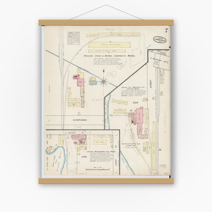 Old map wall art mockup — magnetic wood frame on white wall — Sanborn Fire Insurance Map from Lansing, Ingham County, Michigan (1885), Sheet #0007