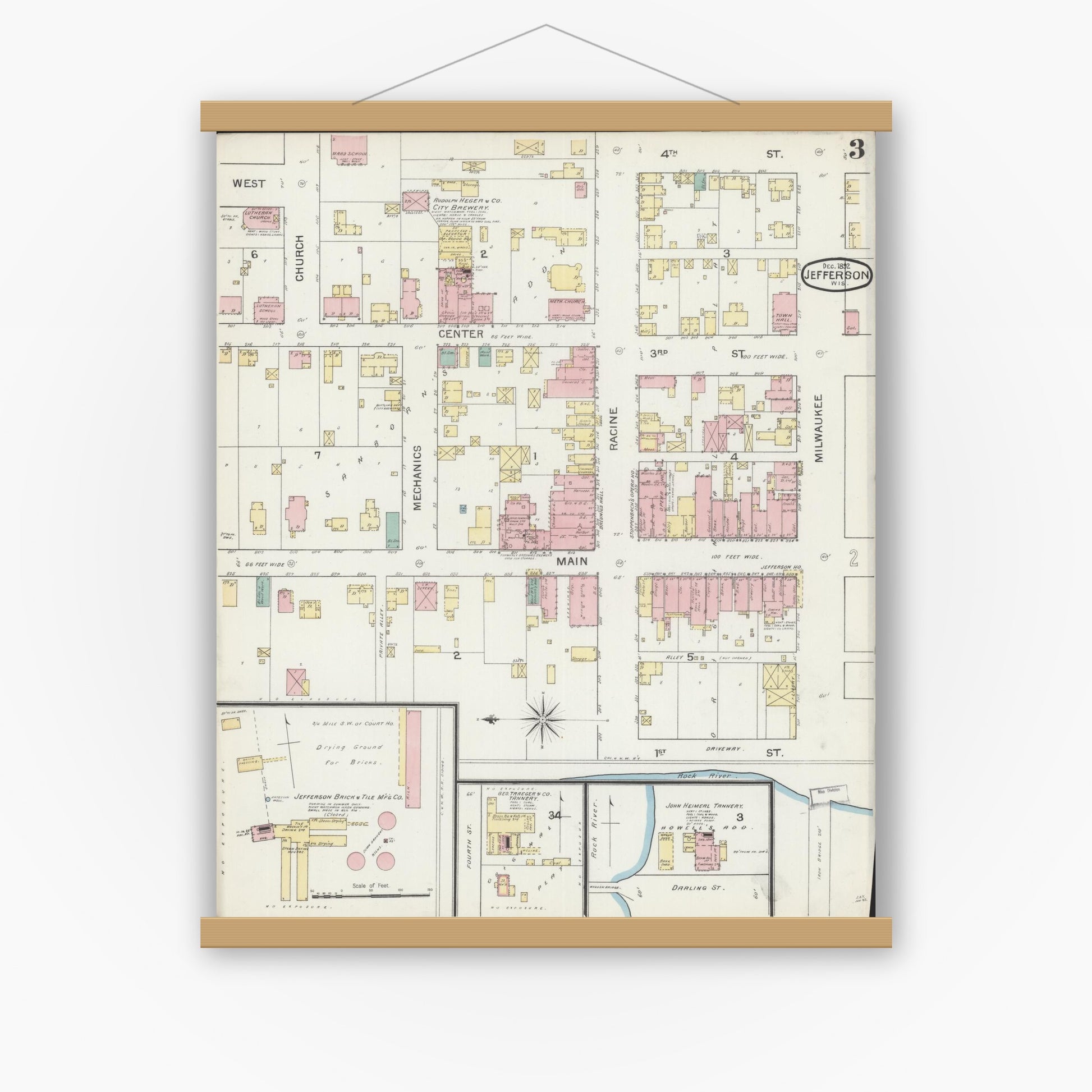 Old map wall art mockup — magnetic wood frame on white wall — Sanborn Fire Insurance Map from Jefferson, Jefferson County, Wisconsin (1892), Sheet #0003