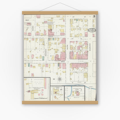 Old map wall art mockup — magnetic wood frame on white wall — Sanborn Fire Insurance Map from Jefferson, Jefferson County, Wisconsin (1892), Sheet #0003