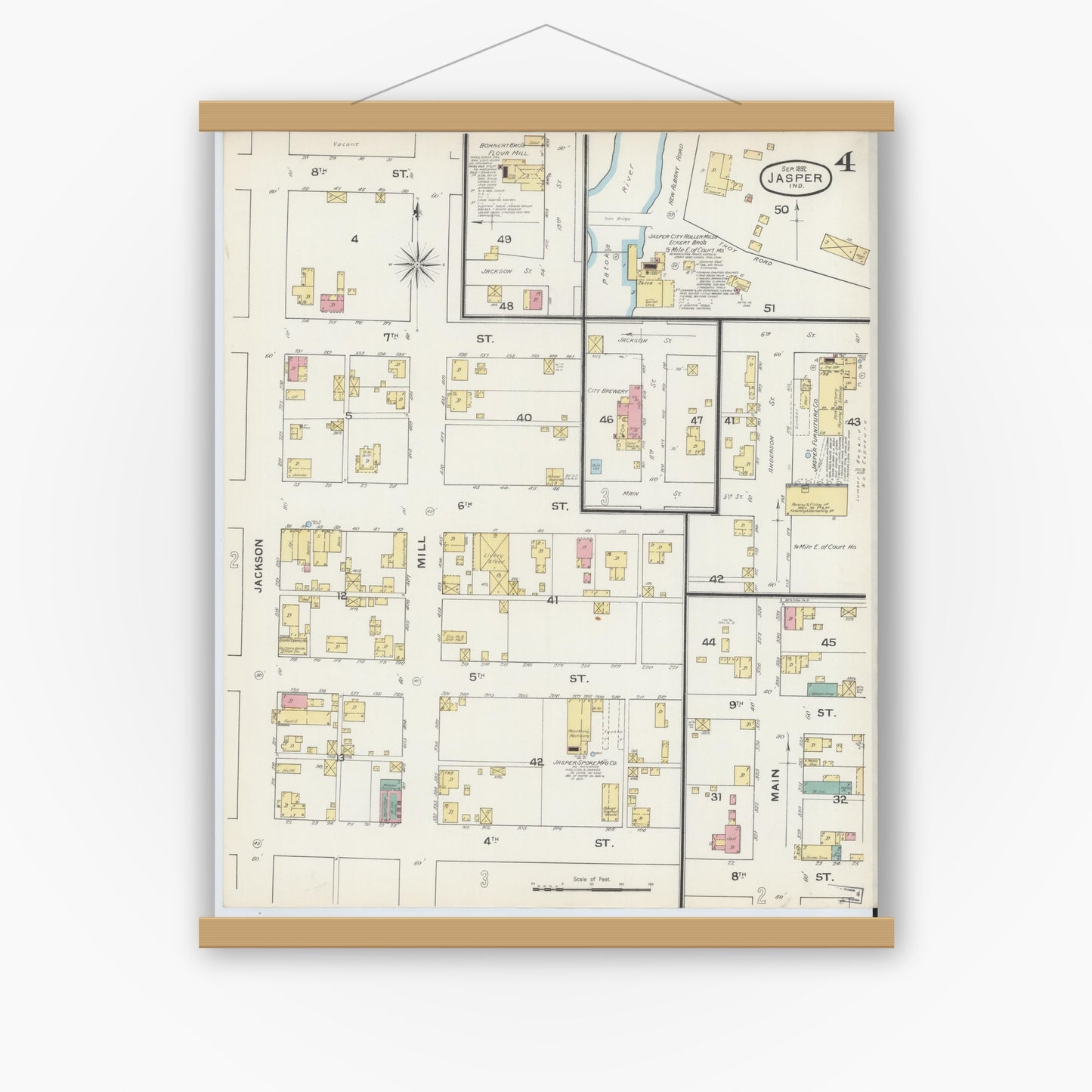 Old map wall art mockup — magnetic wood frame on white wall — Sanborn Fire Insurance Map from Jasper, Dubois County, Indiana (1892), Sheet #0004