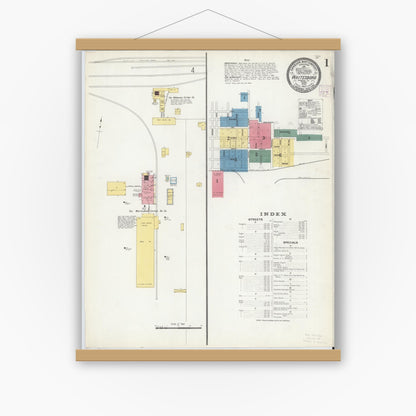 Old map wall art mockup — magnetic wood frame on white wall — Sanborn Fire Insurance Map from Whitesboro, Grayson County, Texas (1907), Sheet #0001