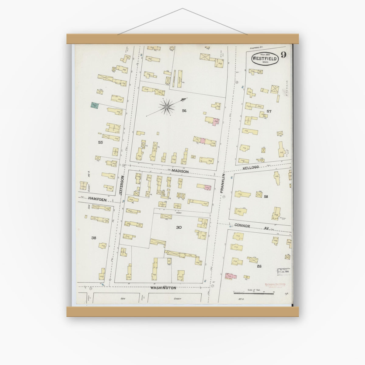 Old map wall art mockup — magnetic wood frame on white wall — Sanborn Fire Insurance Map from Westfield, Hampden County, Massachusetts (1889), Sheet #0009