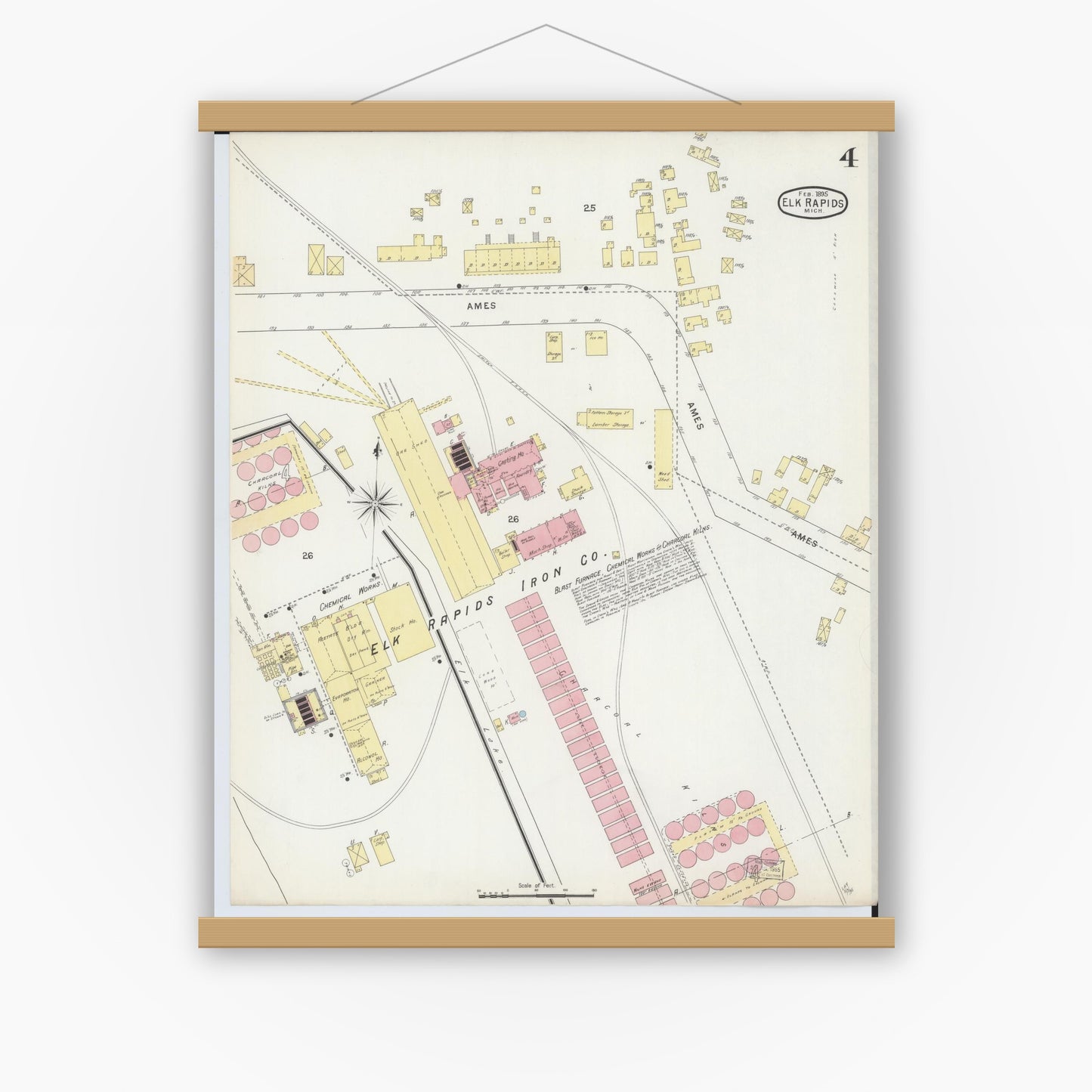 Old map wall art mockup — magnetic wood frame on white wall — Sanborn Fire Insurance Map from Elk Rapids, Antrim County, Michigan (1895), Sheet #0004