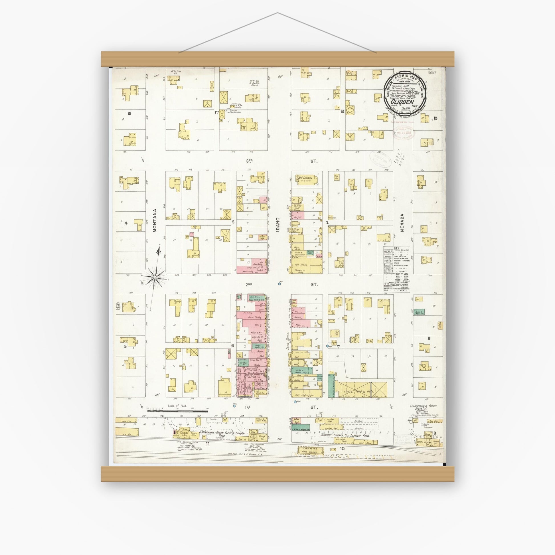 Old map wall art mockup — magnetic wood frame on white wall — Sanborn Fire Insurance Map from Glidden, Carroll County, Iowa (1898), Sheet #0001