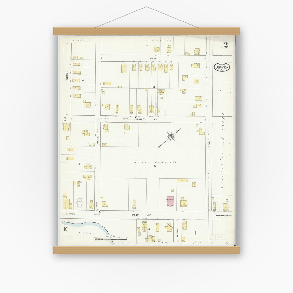 Old map wall art mockup — magnetic wood frame on white wall — Sanborn Fire Insurance Map from Duryea, Luzerne County, Pennsylvania (1914), Sheet #0002
