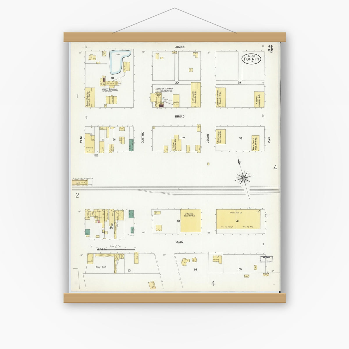 Old map wall art mockup — magnetic wood frame on white wall — Sanborn Fire Insurance Map from Forney, Kaufman County, Texas (1901), Sheet #0003