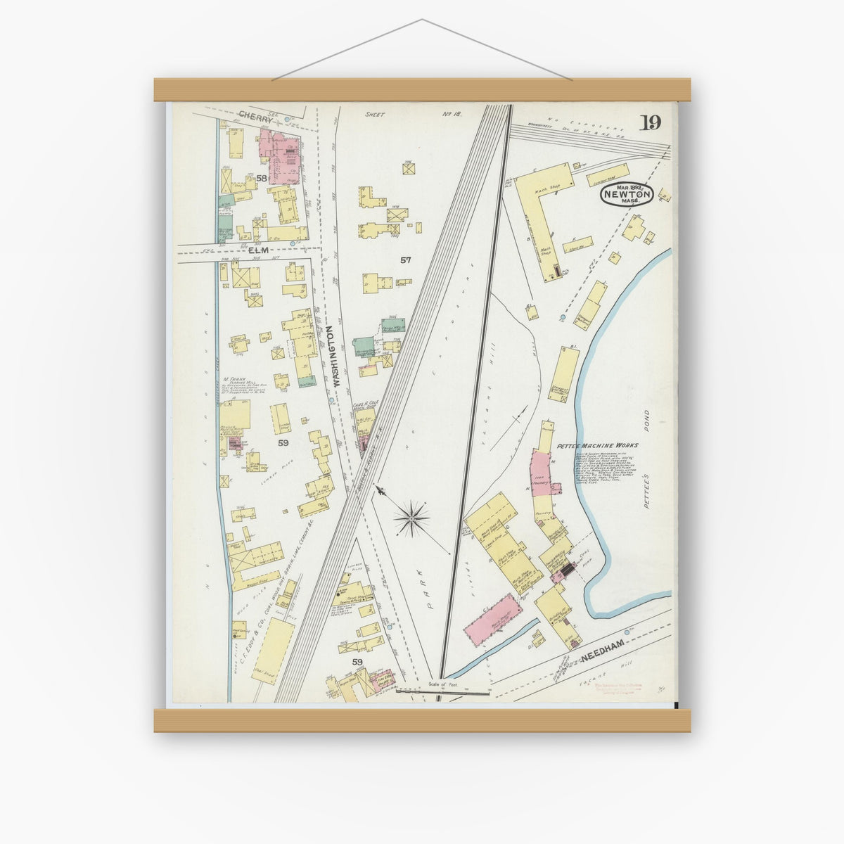 Old map wall art mockup — magnetic wood frame on white wall — Sanborn Fire Insurance Map from Newton, Middlesex County, Massachusetts (1892), Sheet #0019