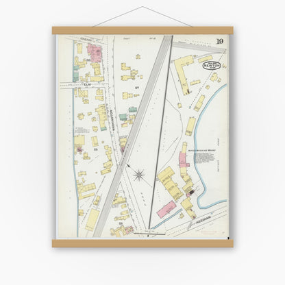 Old map wall art mockup — magnetic wood frame on white wall — Sanborn Fire Insurance Map from Newton, Middlesex County, Massachusetts (1892), Sheet #0019