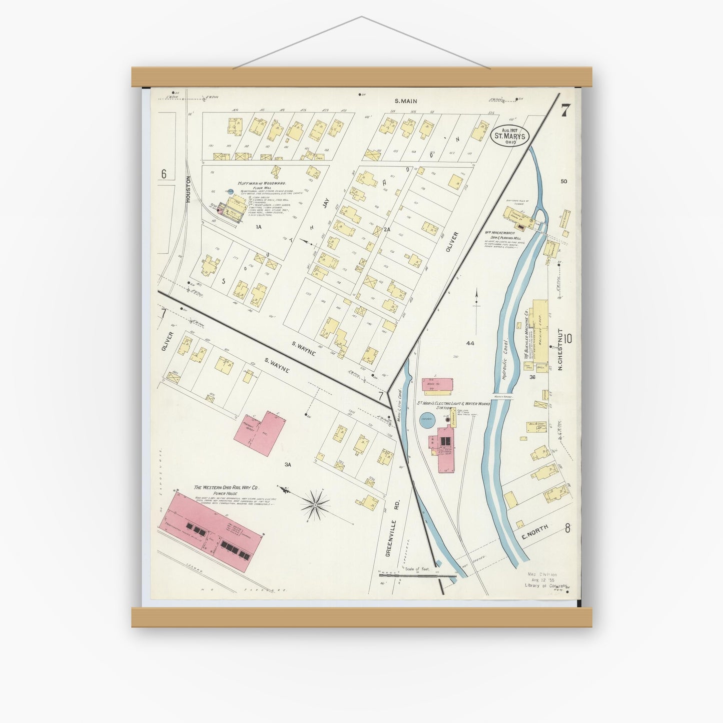 Old map wall art mockup — magnetic wood frame on white wall — Sanborn Fire Insurance Map from Saint Marys, Auglaize County, Ohio (1907), Sheet #0007