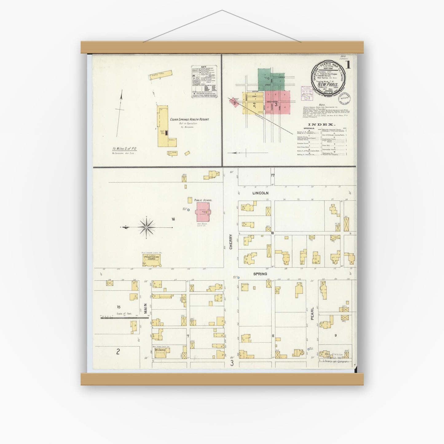 Old map wall art mockup — magnetic wood frame on white wall — Sanborn Fire Insurance Map from New Paris, Preble County, Ohio (1901) - Complete Map Set