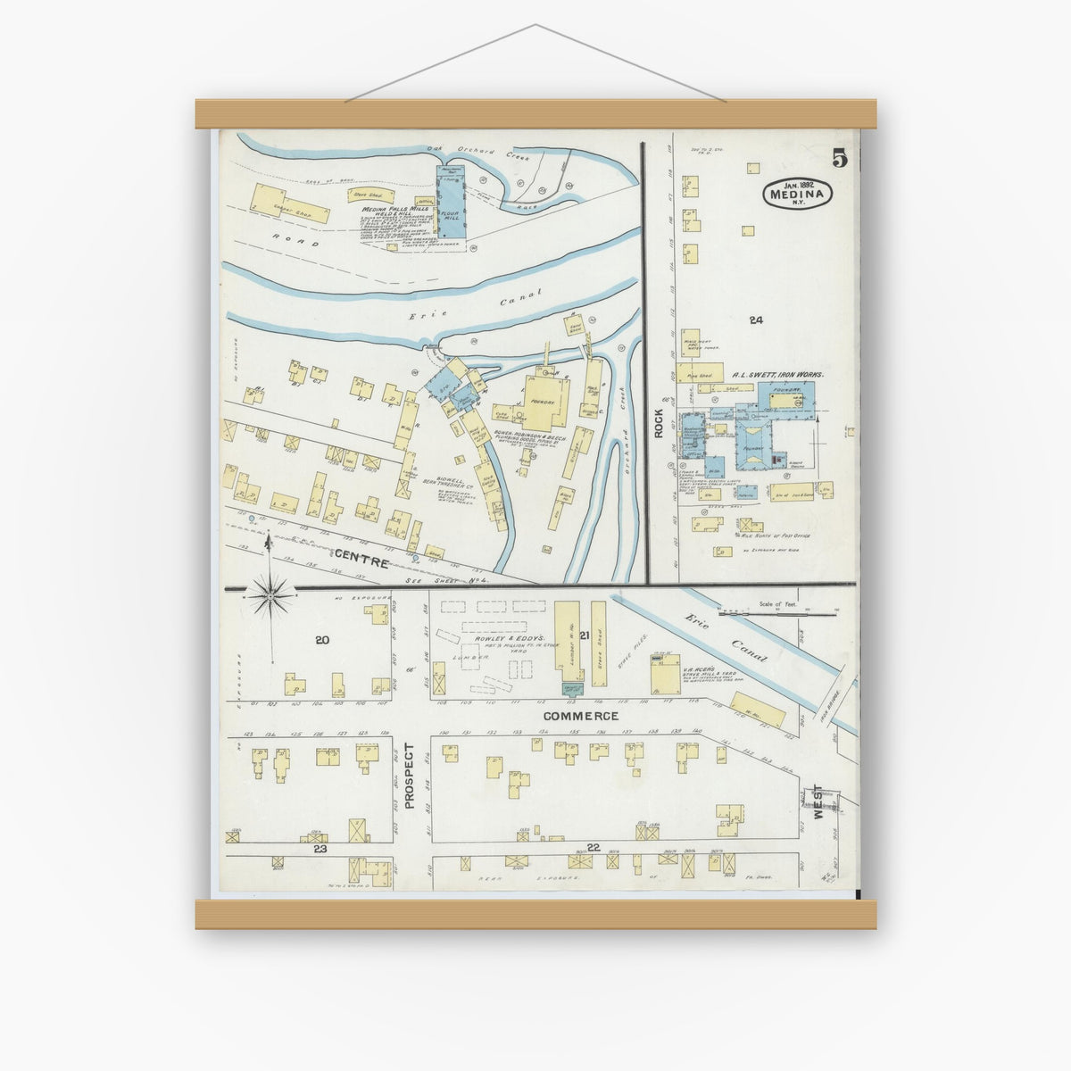 Old map wall art mockup — magnetic wood frame on white wall — Sanborn Fire Insurance Map from Medina, Orleans County, New York (1892), Sheet #0005