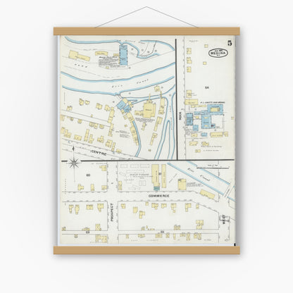 Old map wall art mockup — magnetic wood frame on white wall — Sanborn Fire Insurance Map from Medina, Orleans County, New York (1892), Sheet #0005