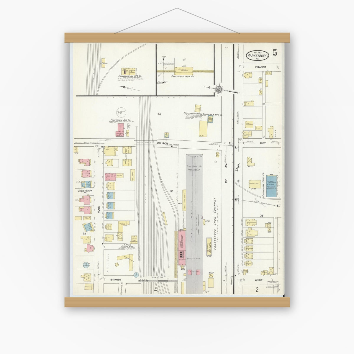 Old map wall art mockup — magnetic wood frame on white wall — Sanborn Fire Insurance Map from Parkesburg, Chester County, Pennsylvania (1912), Sheet #0005