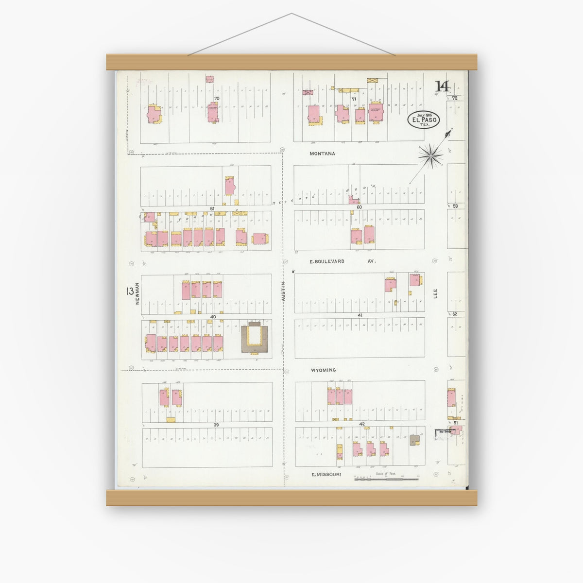 Old map wall art mockup — magnetic wood frame on white wall — Sanborn Fire Insurance Map from El Paso, El Paso County, Texas (1905), Sheet #0014