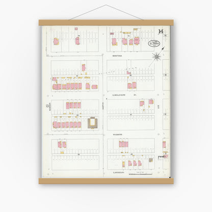 Old map wall art mockup — magnetic wood frame on white wall — Sanborn Fire Insurance Map from El Paso, El Paso County, Texas (1905), Sheet #0014