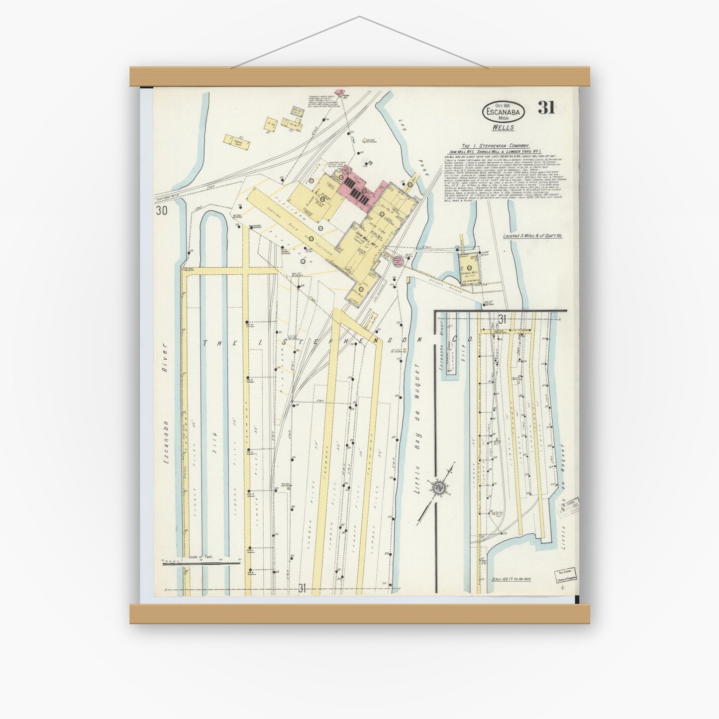 Old map wall art mockup — magnetic wood frame on white wall — Sanborn Fire Insurance Map from Escanaba, Delta County, Michigan (1913), Sheet #0031