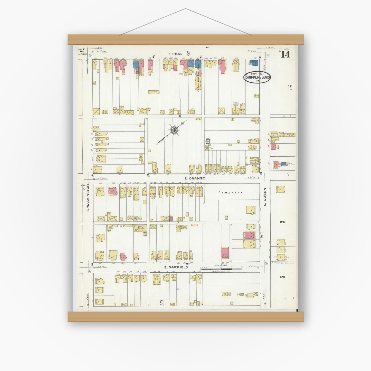 Old map wall art mockup — magnetic wood frame on white wall — Sanborn Fire Insurance Map from Shippensburg, Cumberland And Franklin Counties, Pennsylvania (1921), Sheet #0014