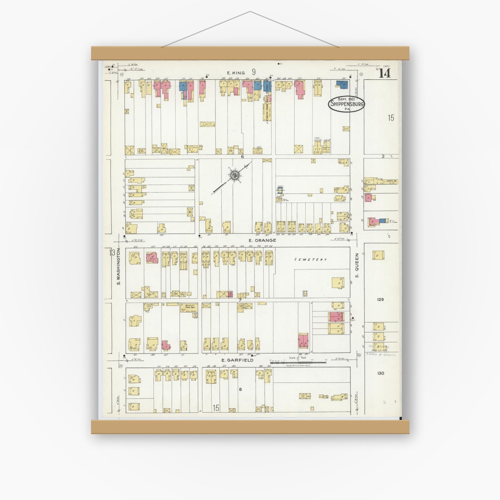 Old map wall art mockup — magnetic wood frame on white wall — Sanborn Fire Insurance Map from Shippensburg, Cumberland And Franklin Counties, Pennsylvania (1921), Sheet #0014