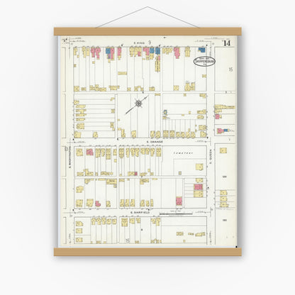 Old map wall art mockup — magnetic wood frame on white wall — Sanborn Fire Insurance Map from Shippensburg, Cumberland And Franklin Counties, Pennsylvania (1921), Sheet #0014