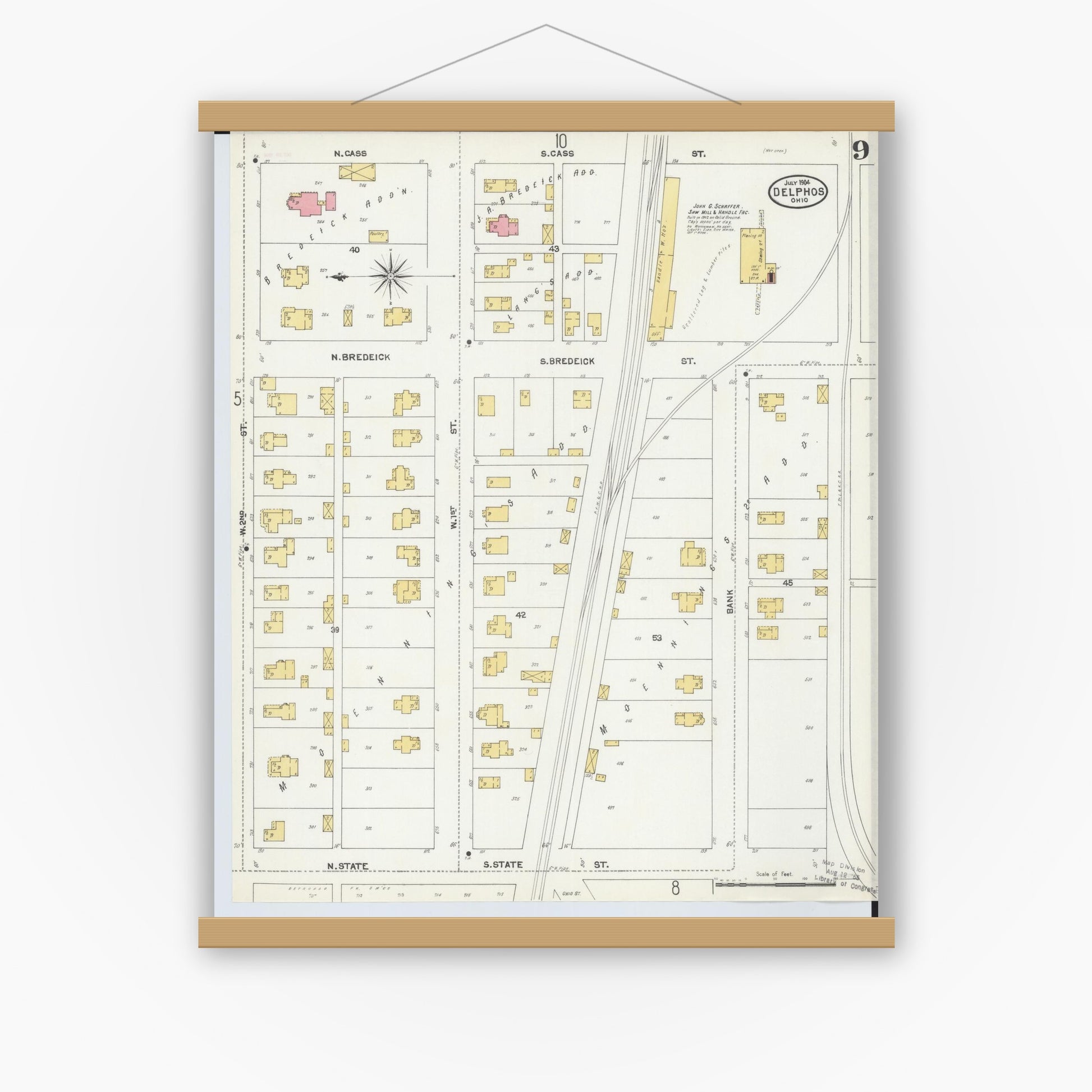 Old map wall art mockup — magnetic wood frame on white wall — Sanborn Fire Insurance Map from Delphos, Van Wert And Allen Counties, Ohio (1904), Sheet #0009