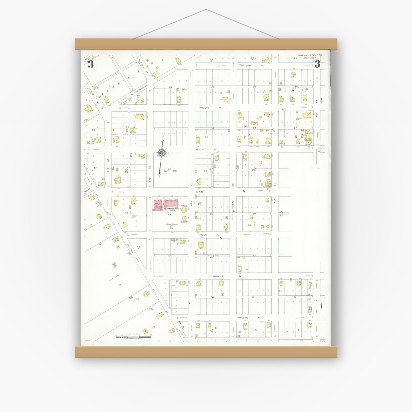Old map wall art mockup — magnetic wood frame on white wall — Sanborn Fire Insurance Map from Normangee, Leon County, Texas (1937), Sheet #0003