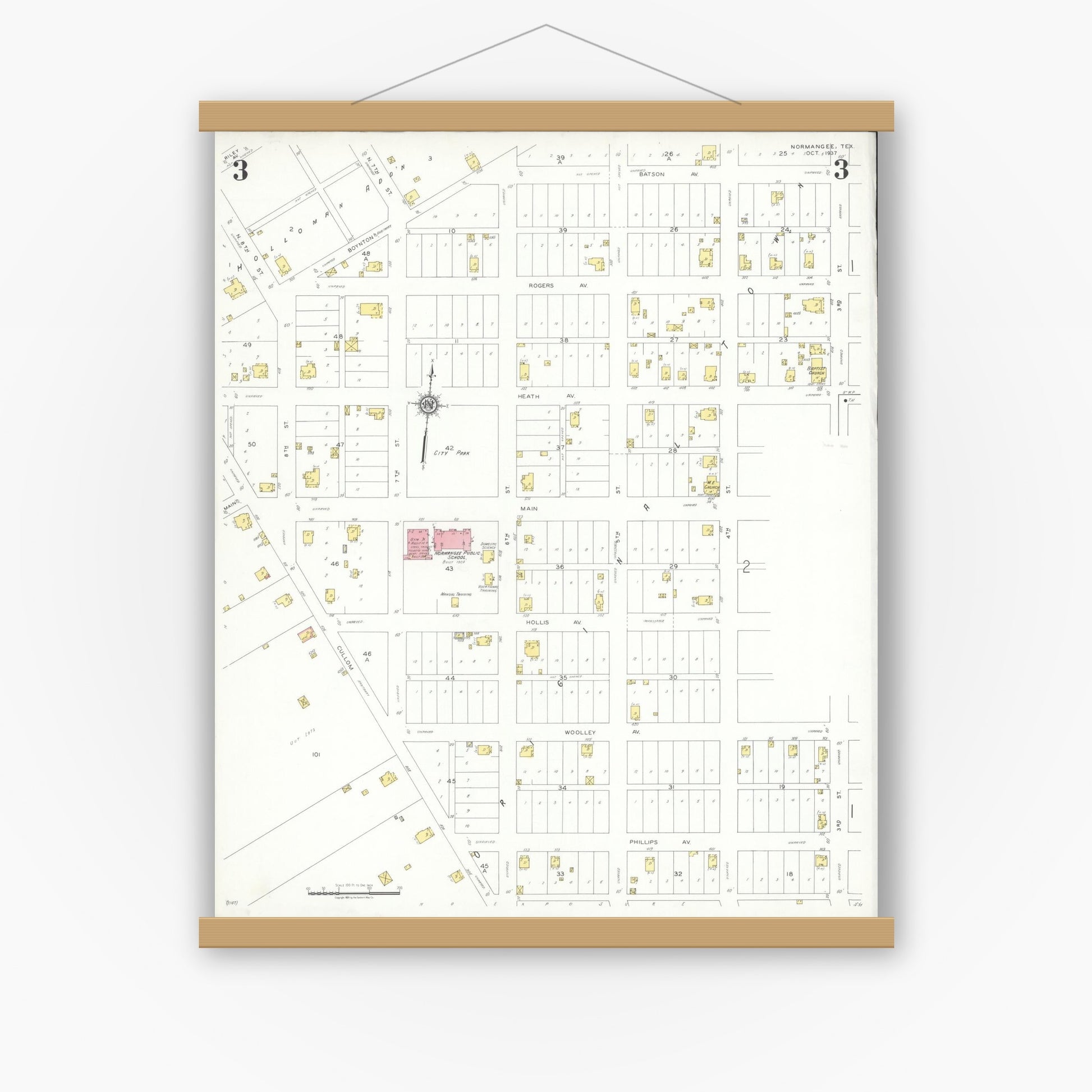 Old map wall art mockup — magnetic wood frame on white wall — Sanborn Fire Insurance Map from Normangee, Leon County, Texas (1937), Sheet #0003