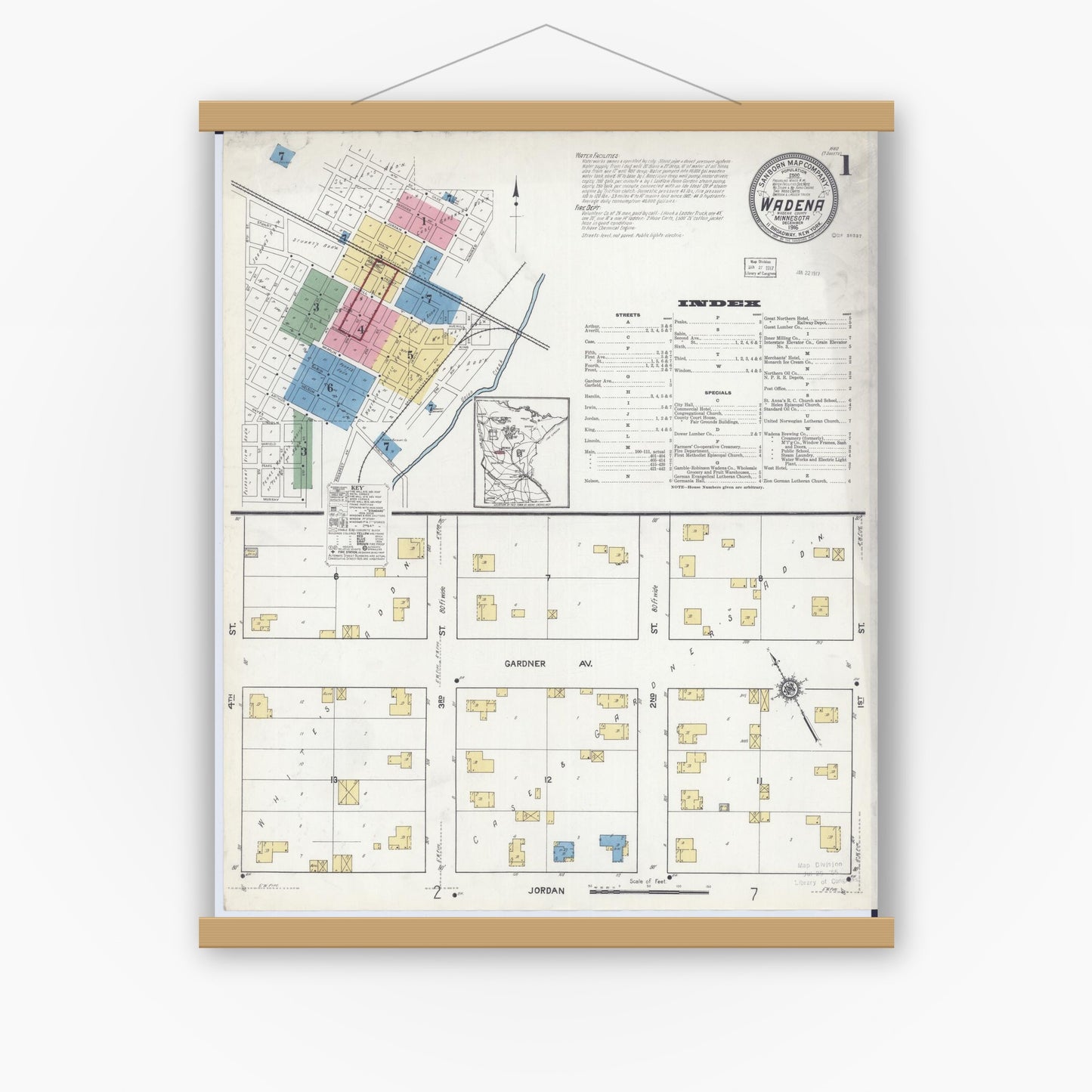 Old map wall art mockup — magnetic wood frame on white wall — Sanborn Fire Insurance Map from Wadena, Wadena County, Minnesota (1916) - Complete Map Set