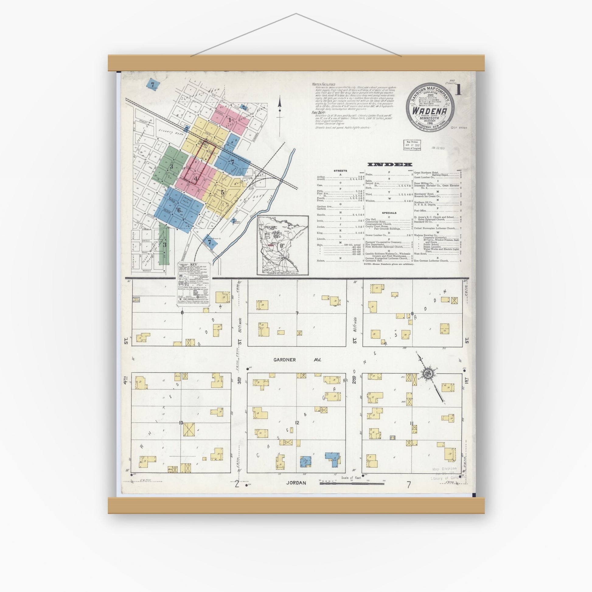 Old map wall art mockup — magnetic wood frame on white wall — Sanborn Fire Insurance Map from Wadena, Wadena County, Minnesota (1916) - Complete Map Set