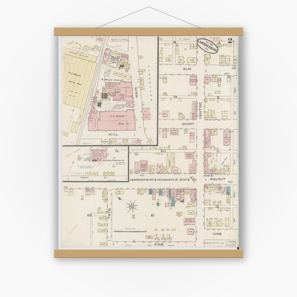 Old map wall art mockup — magnetic wood frame on white wall — Sanborn Fire Insurance Map from Lawrenceburg, Dearborn County, Indiana (1885), Sheet #0002