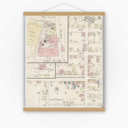 Old map wall art mockup — magnetic wood frame on white wall — Sanborn Fire Insurance Map from Lawrenceburg, Dearborn County, Indiana (1885), Sheet #0002