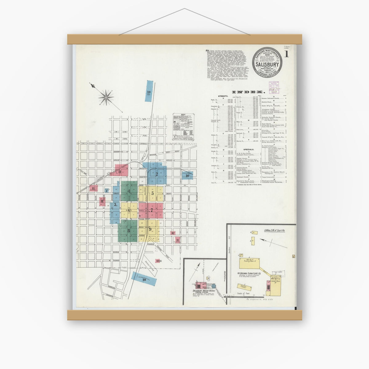 Old map wall art mockup — magnetic wood frame on white wall — Sanborn Fire Insurance Map from Salisbury, Rowan County, North Carolina (1902) - Complete Map Set